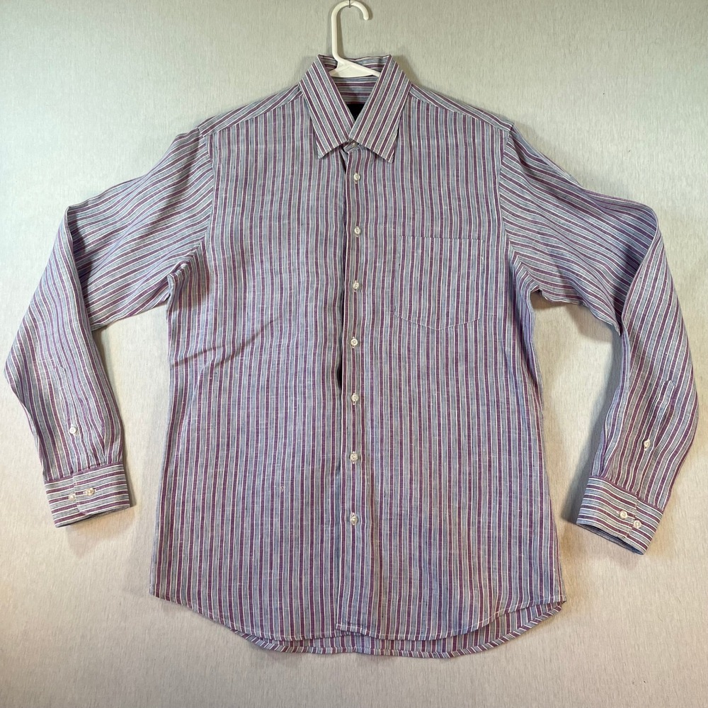 Alan Flusser Shirt Mens M 100% Linen Long Sleeve Button Up Purple Blue Striped